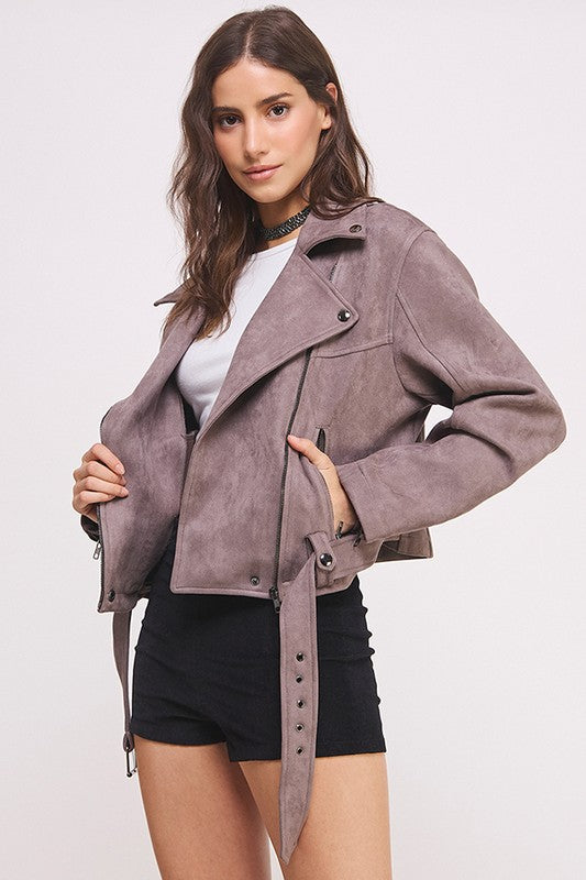 Belted long sleeve  zippered suede moto jacket