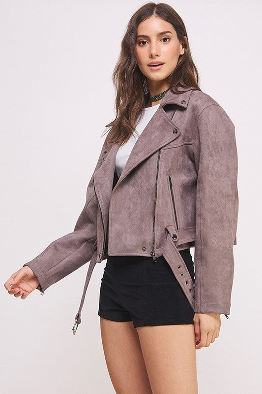 Belted long sleeve  zippered suede moto jacket