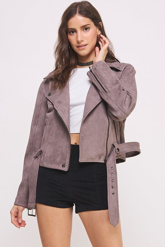 Belted long sleeve  zippered suede moto jacket