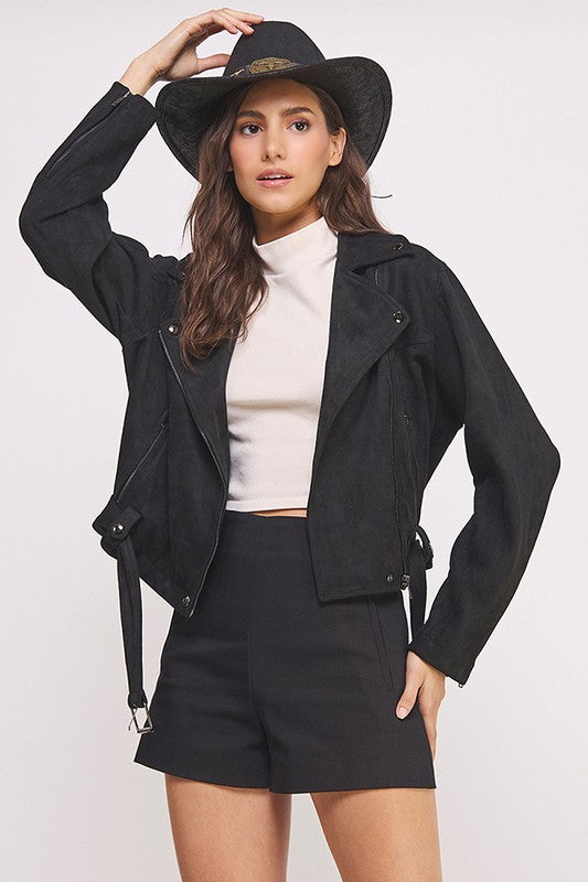 Belted long sleeve  zippered suede moto jacket