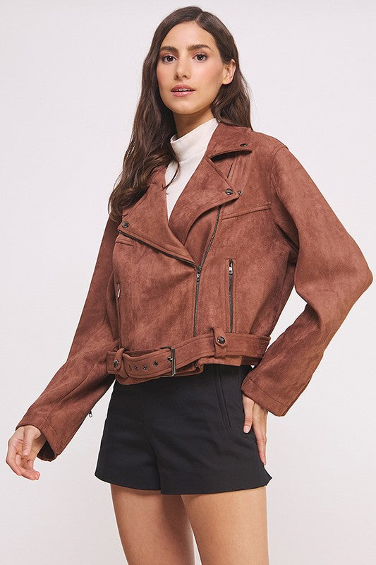 Belted long sleeve  zippered suede moto jacket