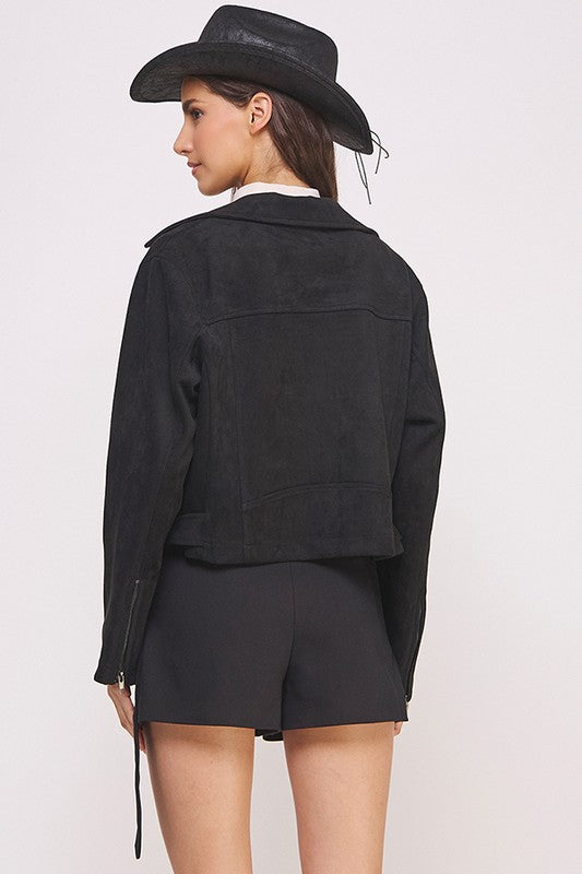 Belted long sleeve  zippered suede moto jacket