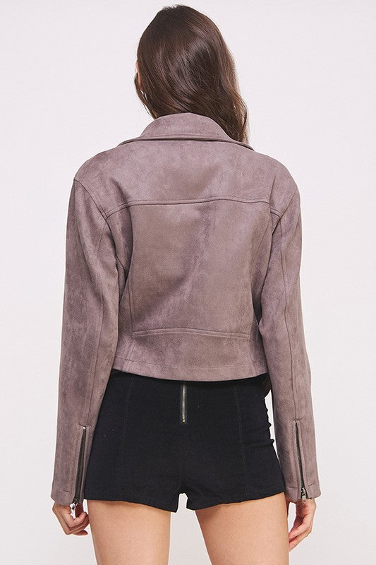 Belted long sleeve  zippered suede moto jacket