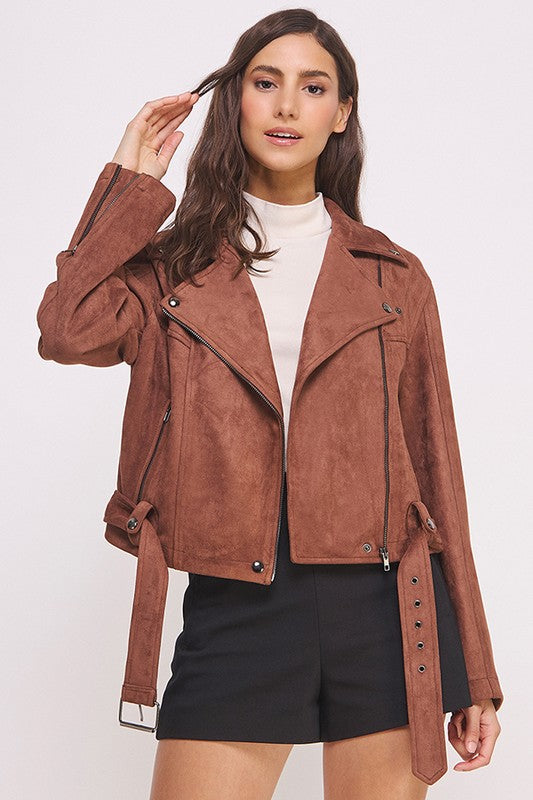 Belted long sleeve  zippered suede moto jacket