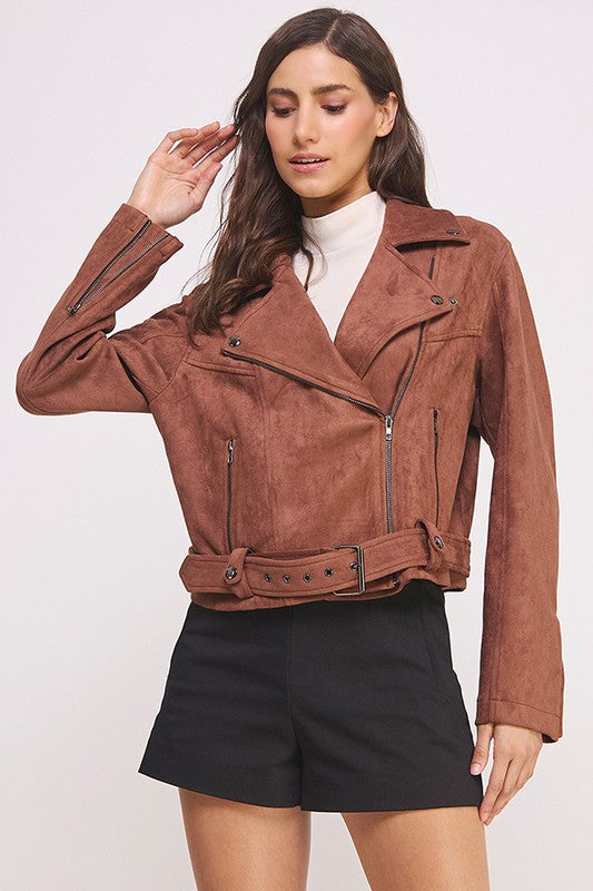 Belted long sleeve  zippered suede moto jacket