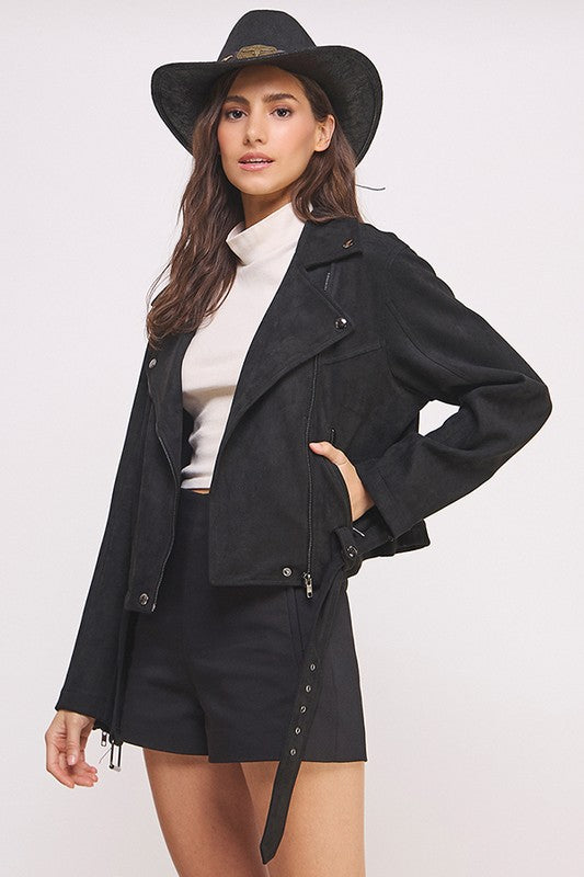 Belted long sleeve  zippered suede moto jacket