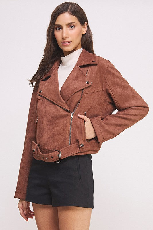 Belted long sleeve  zippered suede moto jacket