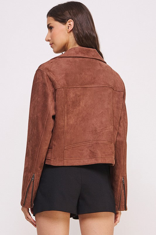 Belted long sleeve  zippered suede moto jacket